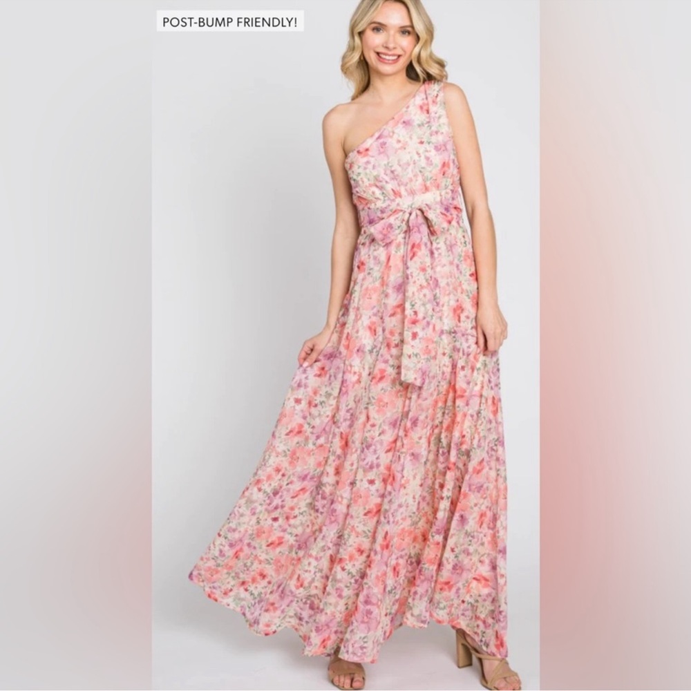 Bighit floral chiffon one shoulder Wedding Guest Baby shower maxi dress small